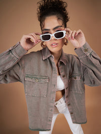 Thumbnail for Lyush Women Beige Washed Denim Shacket - Distacart