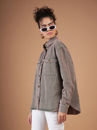 Thumbnail for Lyush Women Beige Washed Denim Shacket - Distacart