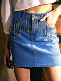 Thumbnail for Lyush Women Blue Denim Diamante At Pocket Mini Skirt - Distacart