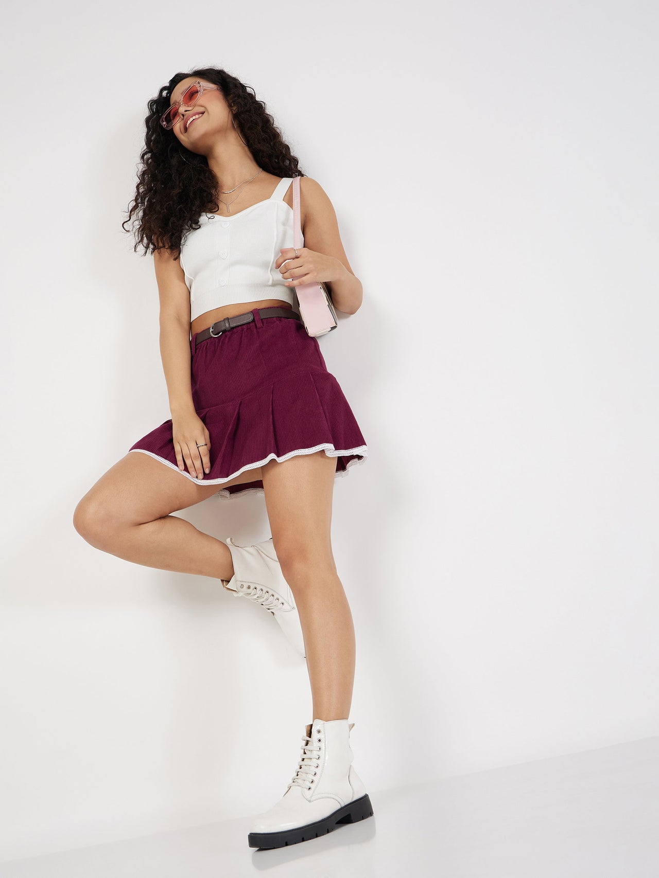 Lyush Women Maroon Corduroy Pleated Mini Skirt - Distacart
