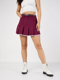 Thumbnail for Lyush Women Maroon Corduroy Pleated Mini Skirt - Distacart