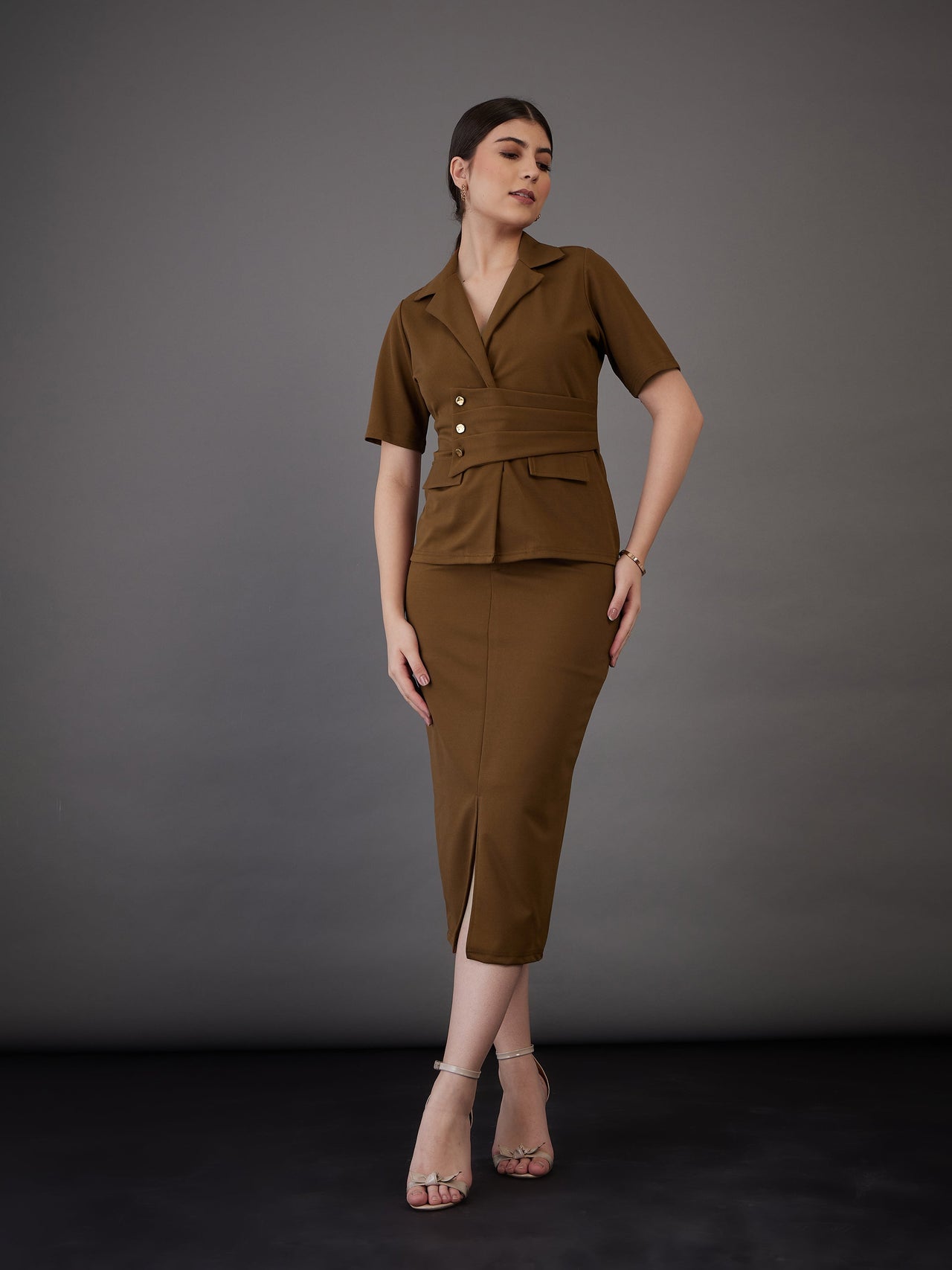 Lyush Women Brown Front Slit Midi Skirt - Distacart