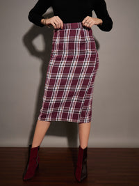 Thumbnail for Lyush Women Maroon Yarndyed Check Pencil Skirt - Distacart