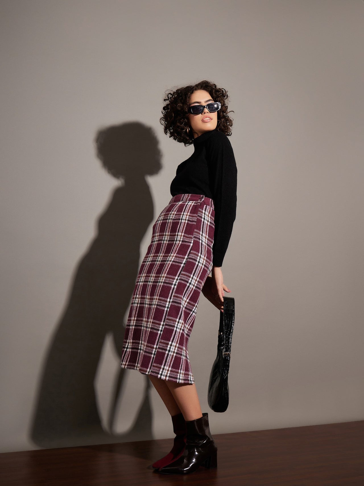 Lyush Women Maroon Yarndyed Check Pencil Skirt - Distacart