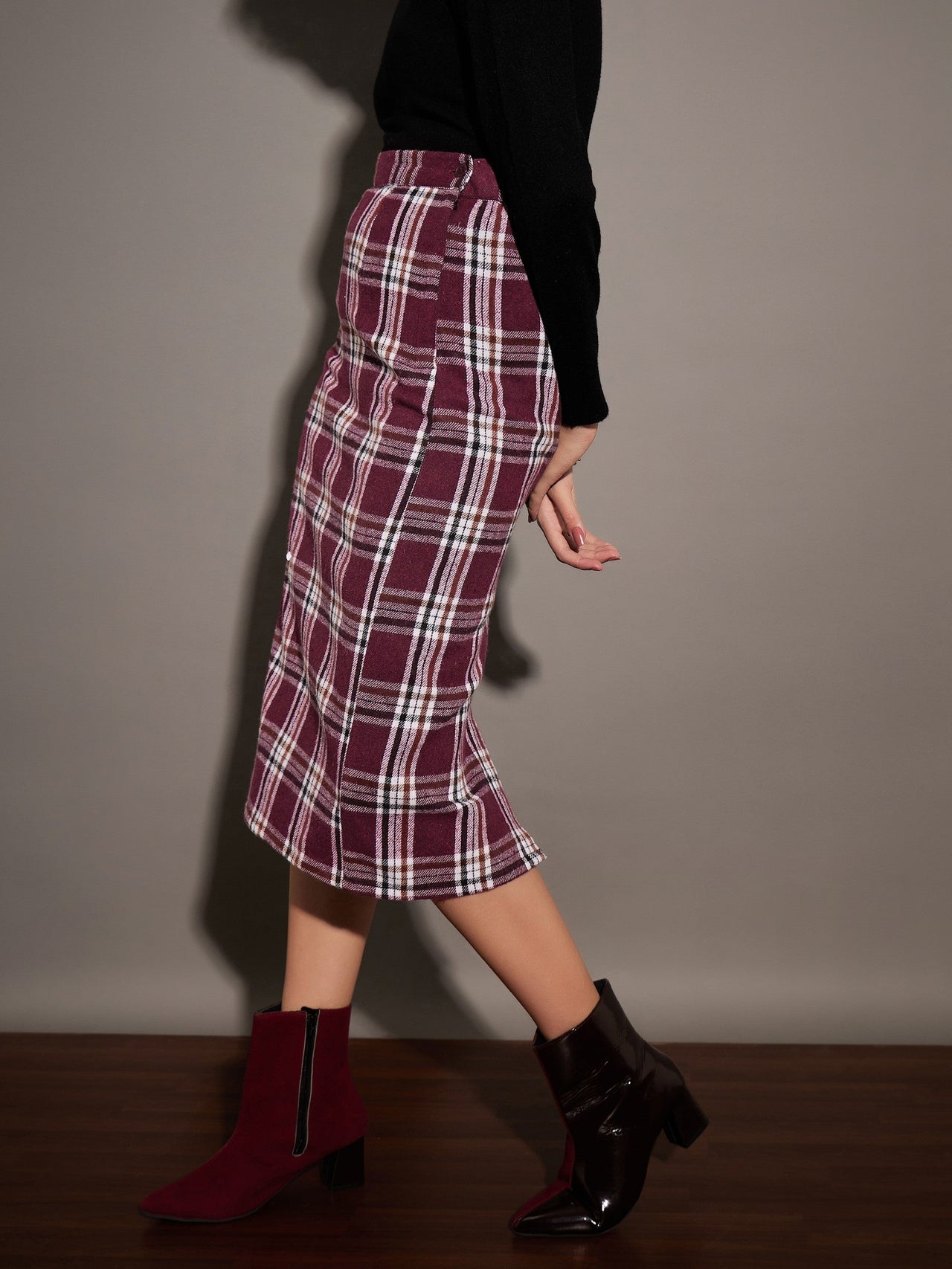 Lyush Women Maroon Yarndyed Check Pencil Skirt - Distacart