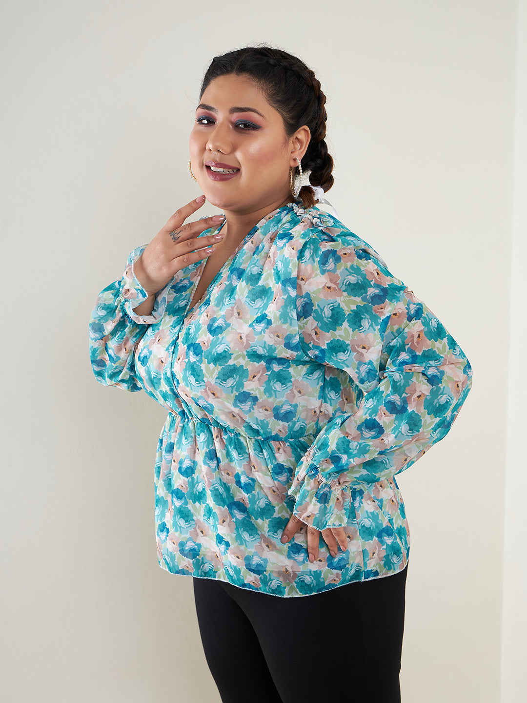 Lyush Women Teal Floral Printed Top - Distacart