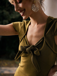 Thumbnail for Lyush Women Olive V-Neck Tie-Knot Cap Sleeves Top - Distacart
