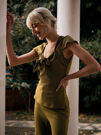 Thumbnail for Lyush Women Olive V-Neck Tie-Knot Cap Sleeves Top - Distacart