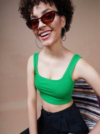Thumbnail for Lyush Women Green Rib Square Neck Cropped Tank Top - Distacart