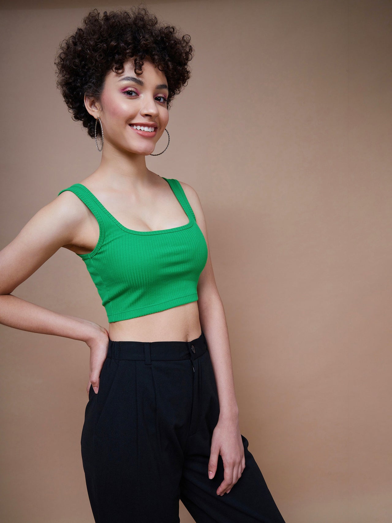 Lyush Women Green Rib Square Neck Cropped Tank Top - Distacart