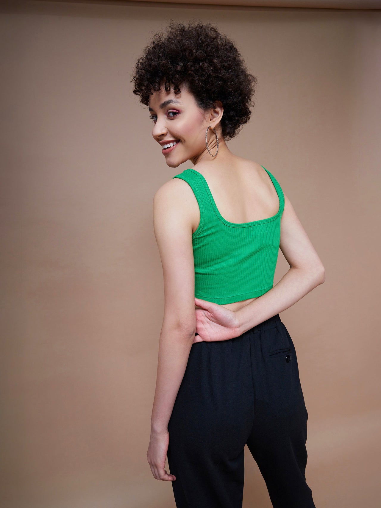 Lyush Women Green Rib Square Neck Cropped Tank Top - Distacart