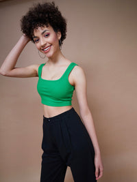 Thumbnail for Lyush Women Green Rib Square Neck Cropped Tank Top - Distacart