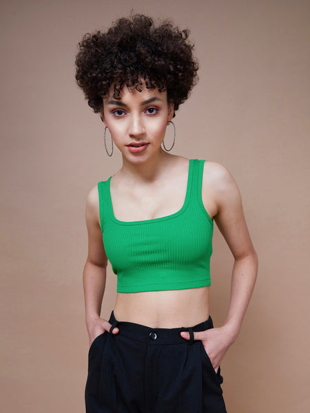 Lyush Women Green Rib Square Neck Cropped Tank Top - Distacart