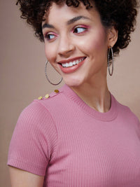 Thumbnail for Lyush Women Pink Rib Round Neck Top - Distacart