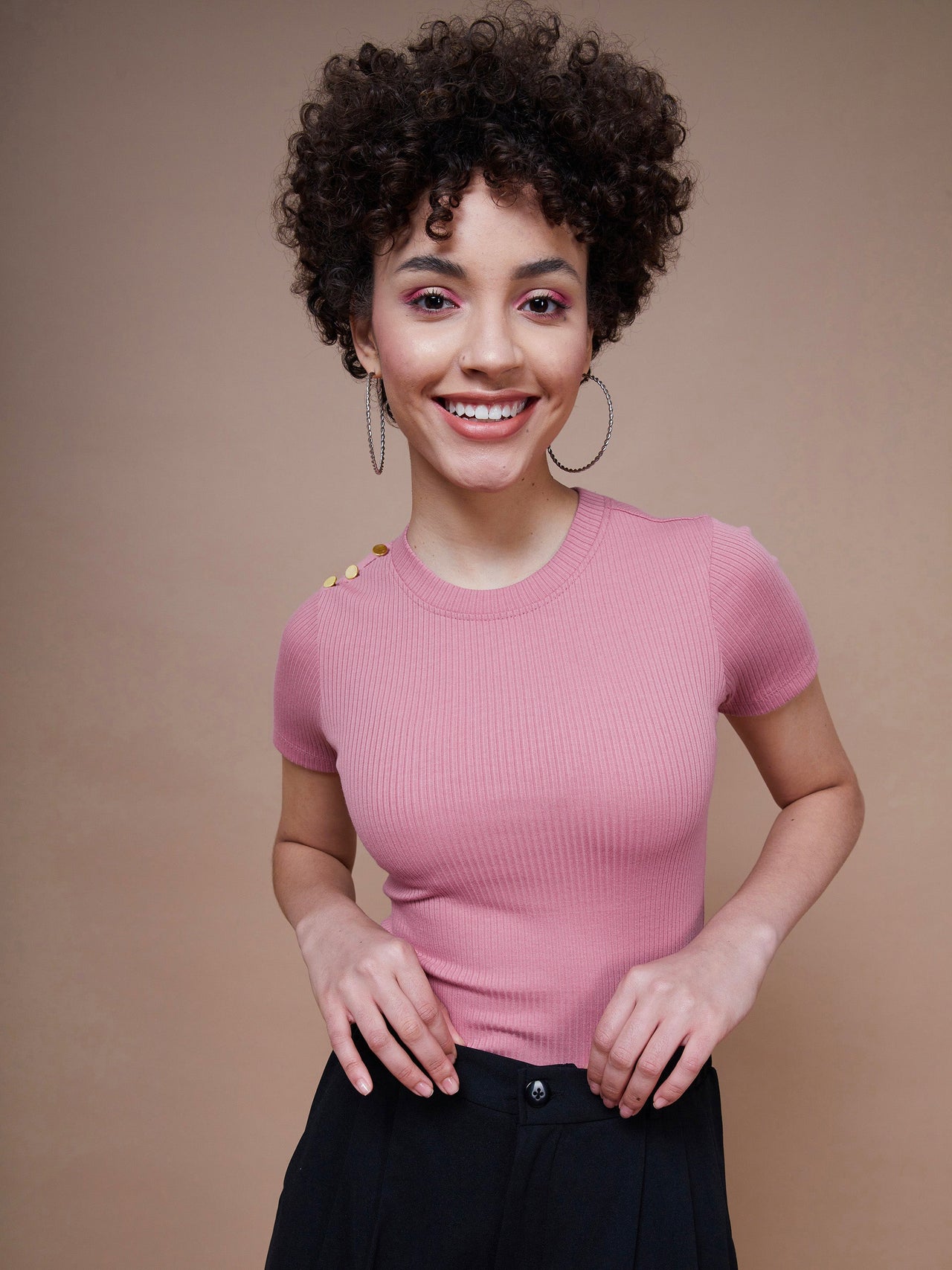 Lyush Women Pink Rib Round Neck Top - Distacart