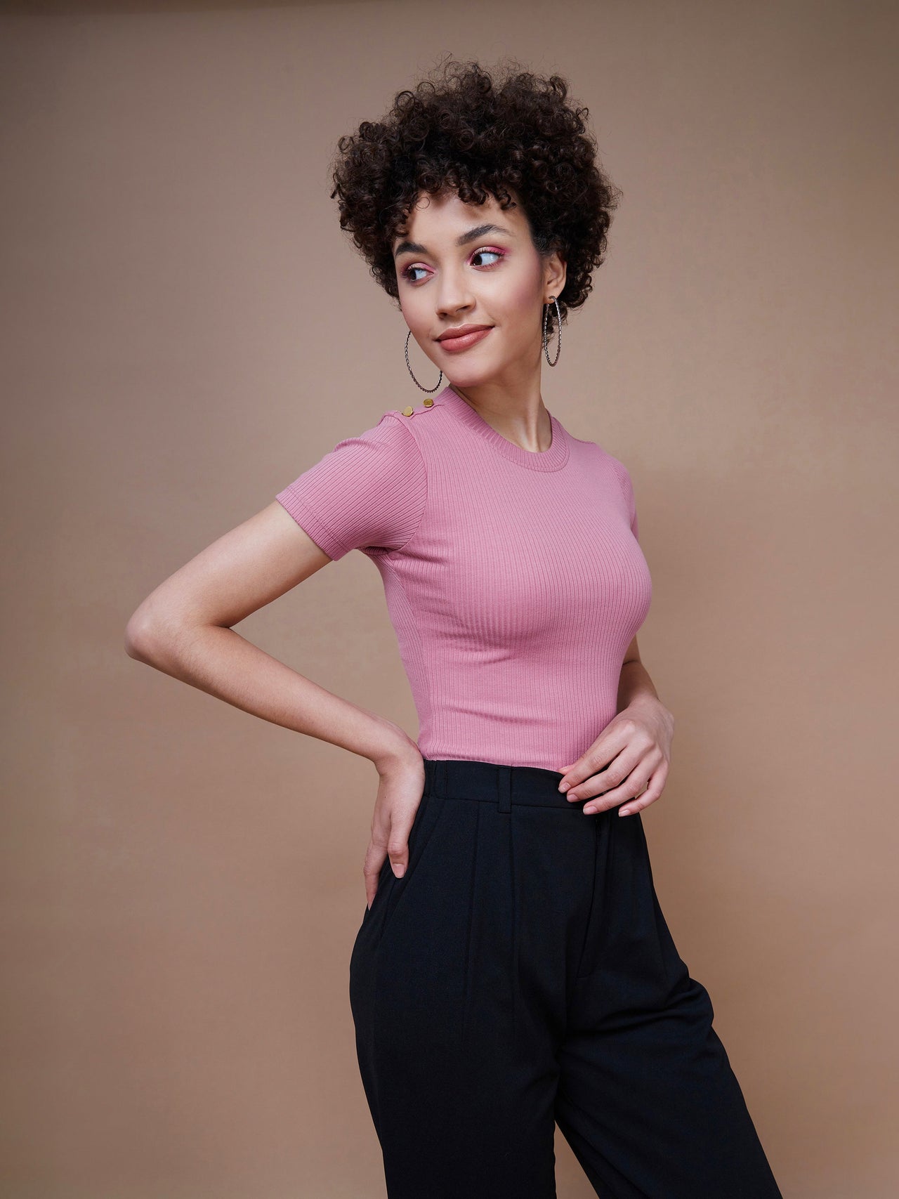 Lyush Women Pink Rib Round Neck Top - Distacart