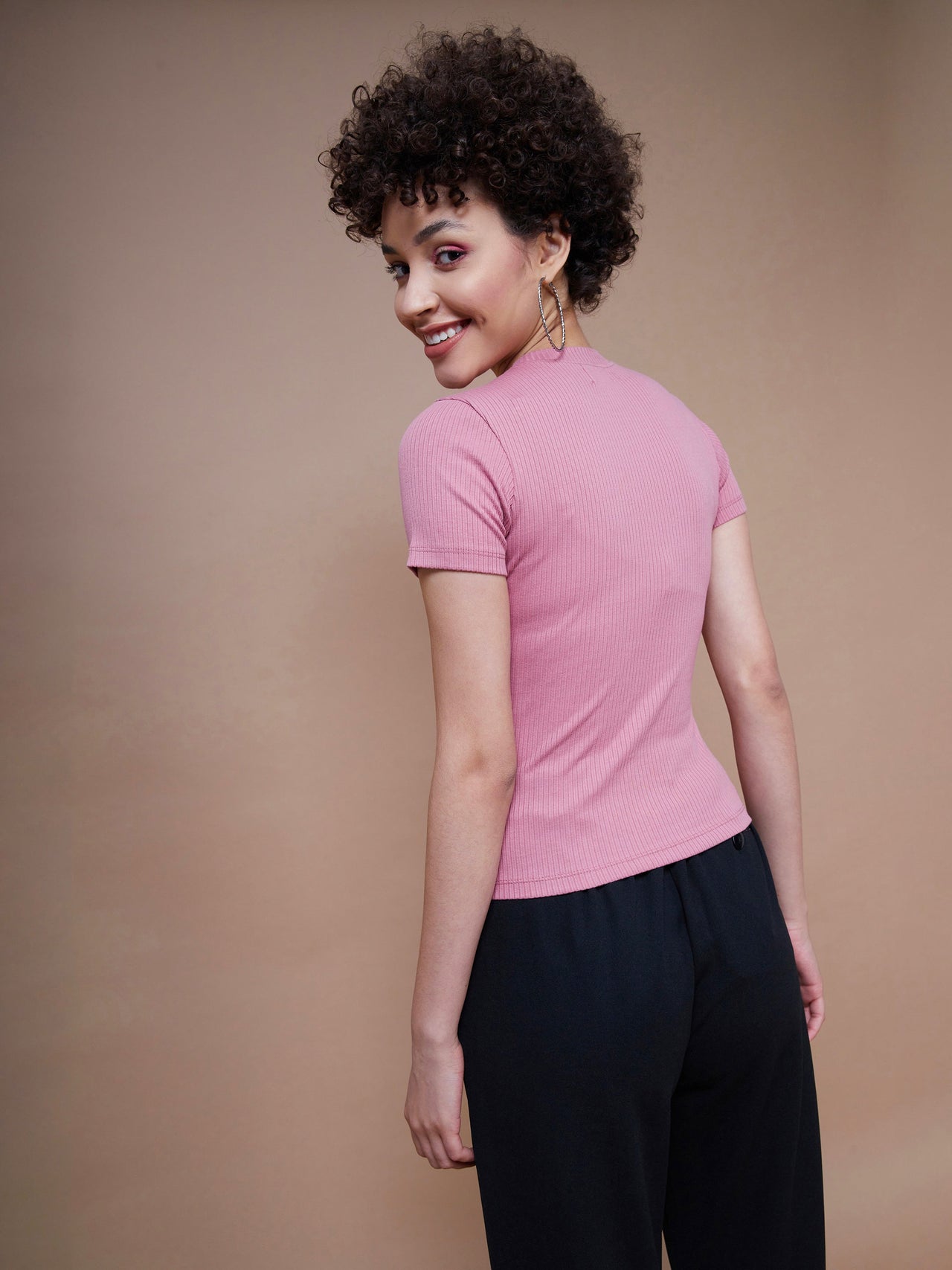 Lyush Women Pink Rib Round Neck Top - Distacart