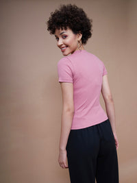 Thumbnail for Lyush Women Pink Rib Round Neck Top - Distacart