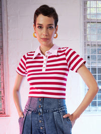 Thumbnail for Lyush Women Red & Pink Stripes Crop Polo T-Shirt - Distacart