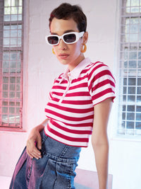 Thumbnail for Lyush Women Red & Pink Stripes Crop Polo T-Shirt - Distacart