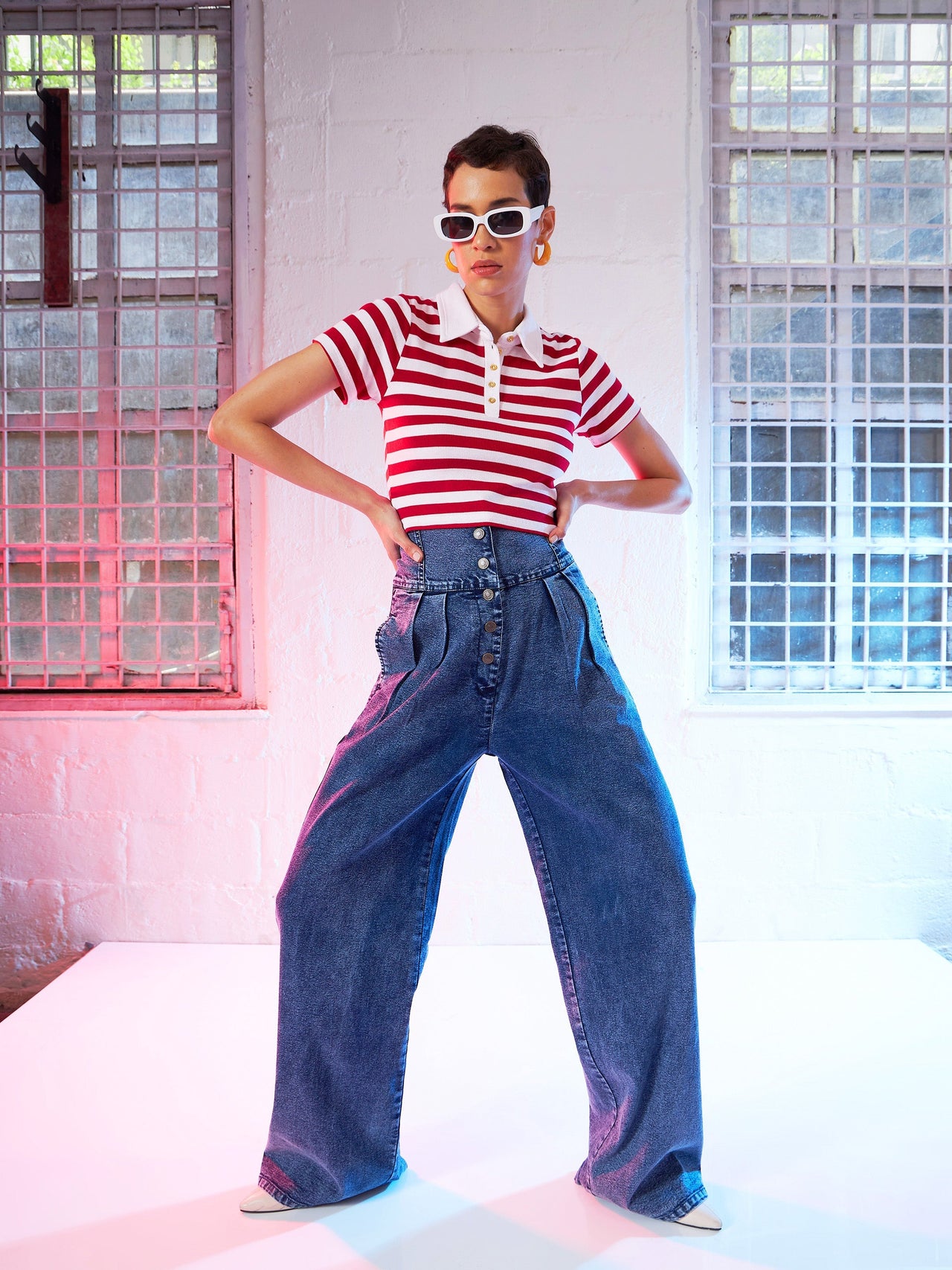 Lyush Women Red & Pink Stripes Crop Polo T-Shirt - Distacart