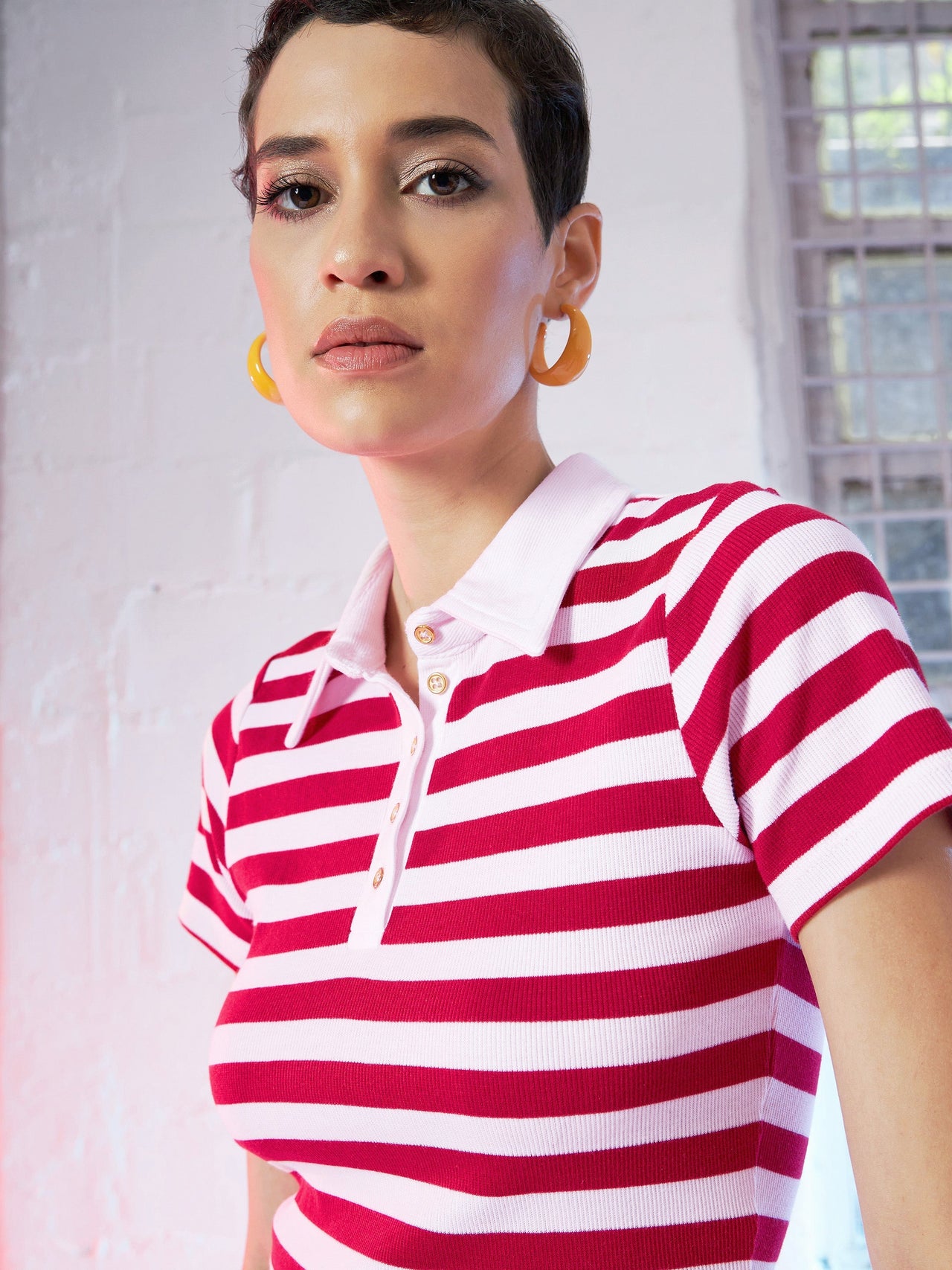 Lyush Women Red & Pink Stripes Crop Polo T-Shirt - Distacart