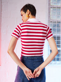 Thumbnail for Lyush Women Red & Pink Stripes Crop Polo T-Shirt - Distacart