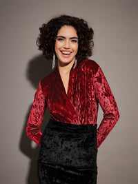 Thumbnail for Lyush Women Maroon Velvet Front Wrap Bodysuit - Distacart