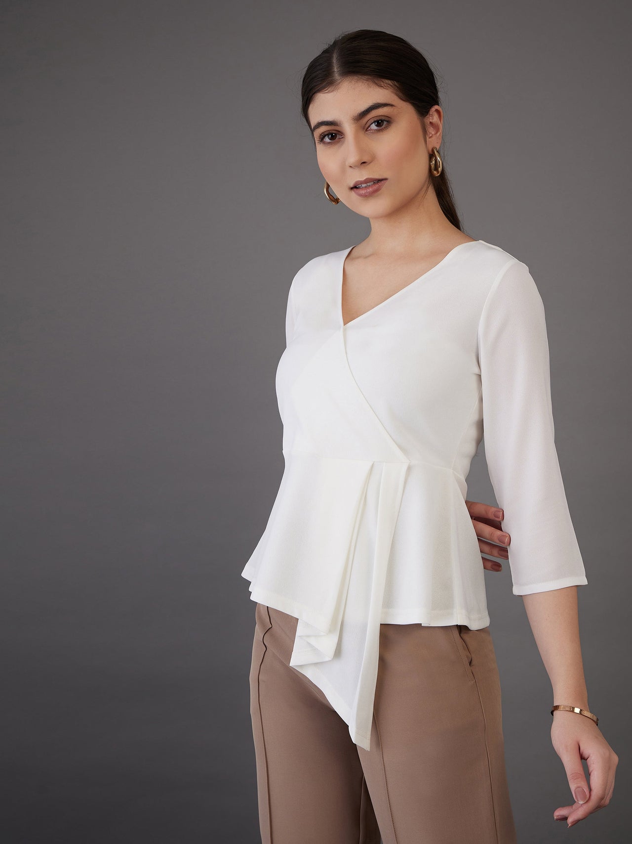 Lyush Women White Wrap Asymmetric Peplum Top - Distacart