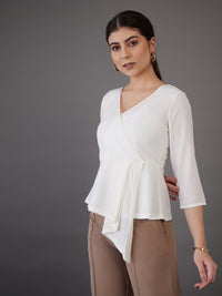 Thumbnail for Lyush Women White Wrap Asymmetric Peplum Top - Distacart