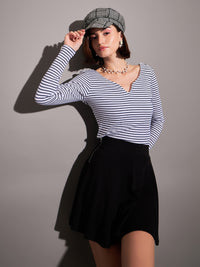 Thumbnail for Lyush Women Navy & White Striped Rib Sweetheart Neck Top - Distacart