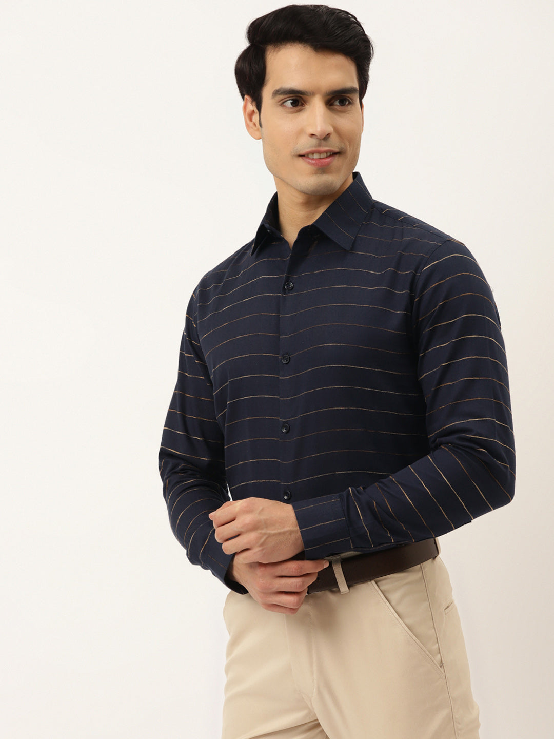Jainish Men's Formal Cotton Horizontal Striped Shirt ( SF 790Navy ) - Distacart