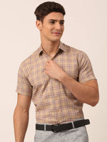 Thumbnail for Jainish Men's Cotton Checked Half Sleeve Formal Shirts ( SF 815Brown ) - Distacart