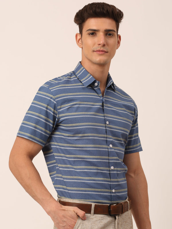 Jainish Men's Cotton Striped Half Sleeve Formal Shirts ( SF 816Blue ) - Distacart