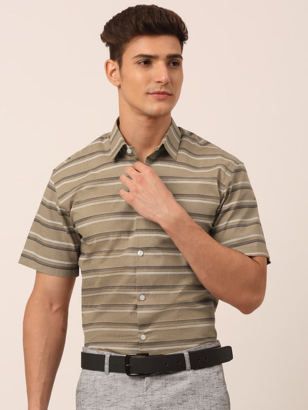 Jainish Men's Cotton Striped Half Sleeve Formal Shirts ( SF 816Brown ) - Distacart