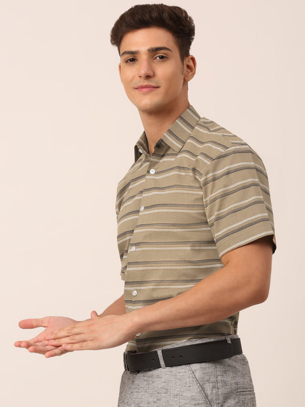 Jainish Men's Cotton Striped Half Sleeve Formal Shirts ( SF 816Brown ) - Distacart