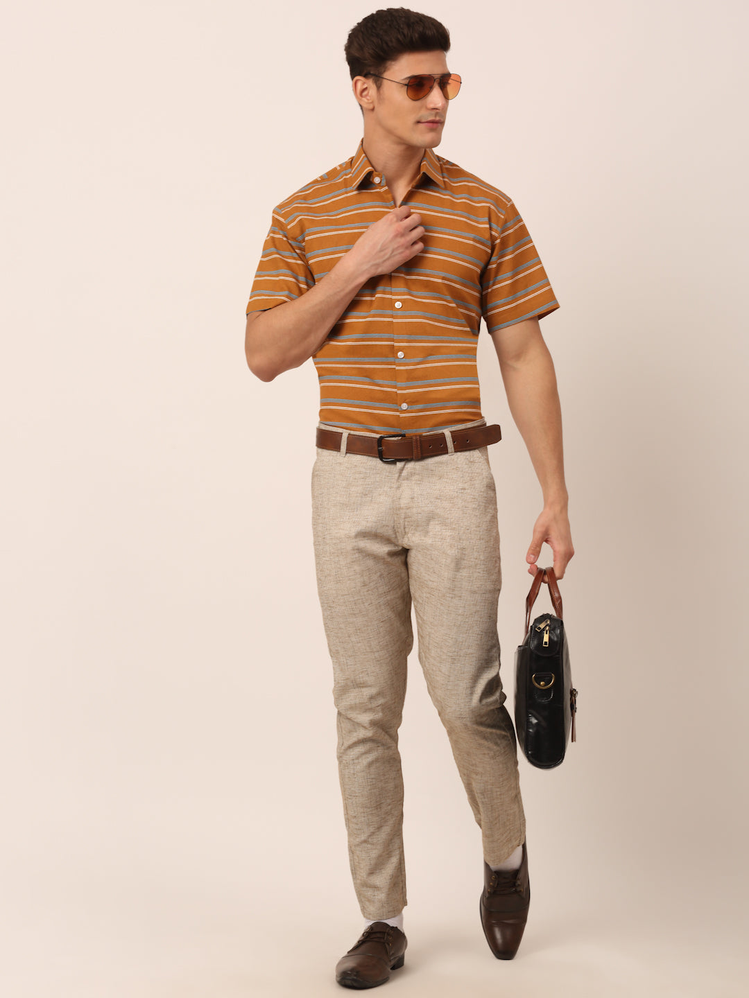 Jainish Men's Cotton Striped Half Sleeve Formal Shirts ( SF 816Mustard ) - Distacart