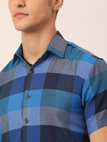 Thumbnail for Jainish Men's Cotton Checked Half Sleeve Formal Shirts ( SF 817Blue ) - Distacart