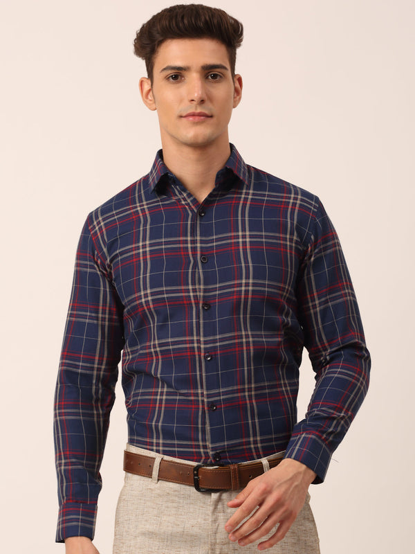 Jainish Men's Cotton Checked Formal Shirts ( SF 819Navy ) - Distacart