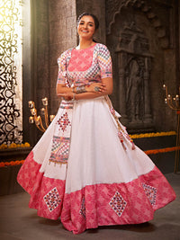Thumbnail for Myra White and Pink Jaquard Cotton Embroidered Designer Lehenga - Distacart