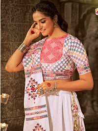 Thumbnail for Myra White and Pink Jaquard Cotton Embroidered Designer Lehenga - Distacart