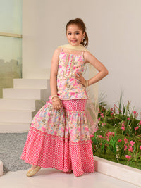 Thumbnail for Girls Floral Printed Regular Pure Cotton Kurta With Sharara Dupatta - Mini Marvels - Distacart