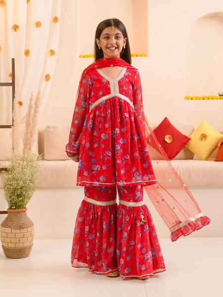 Girls Floral Printed Regular Kurta With Sharara Dupatta - Mini Marvels - Distacart
