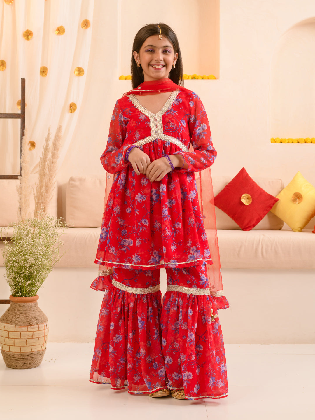 Girls Floral Printed Regular Kurta With Sharara Dupatta - Mini Marvels - Distacart