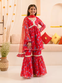 Thumbnail for Girls Floral Printed Regular Kurta With Sharara Dupatta - Mini Marvels - Distacart
