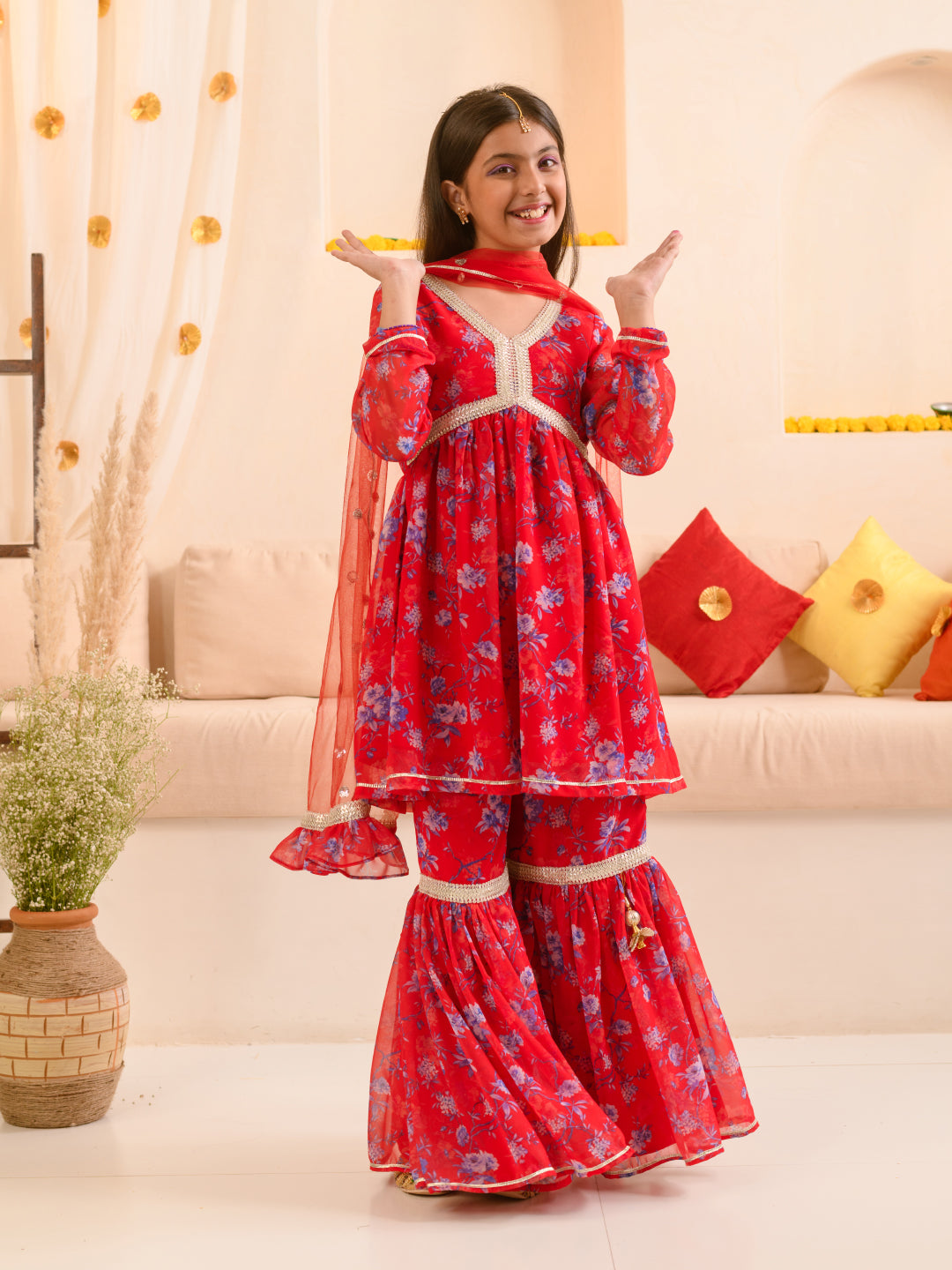 Girls Floral Printed Regular Kurta With Sharara Dupatta - Mini Marvels - Distacart