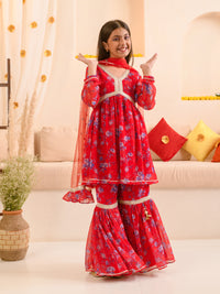 Thumbnail for Girls Floral Printed Regular Kurta With Sharara Dupatta - Mini Marvels - Distacart