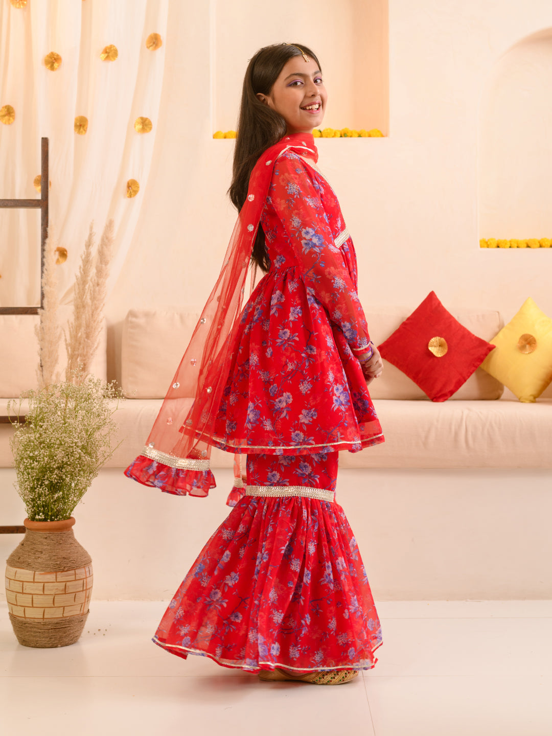 Girls Floral Printed Regular Kurta With Sharara Dupatta - Mini Marvels - Distacart