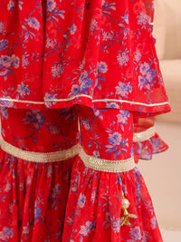Thumbnail for Girls Floral Printed Regular Kurta With Sharara Dupatta - Mini Marvels - Distacart