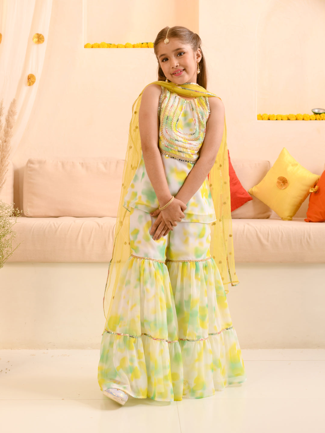 Girls Ethnic Motifs Embroidered Kurti With Sharara Dupatta - Mini Marvels - Distacart